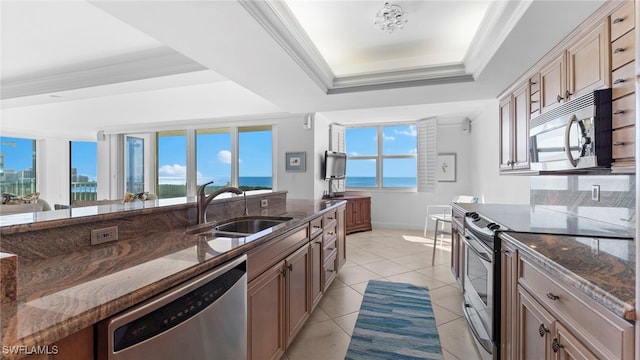 kitchen with sink, stainless steel appliances, a wealth of natural light, and dark stone countertops