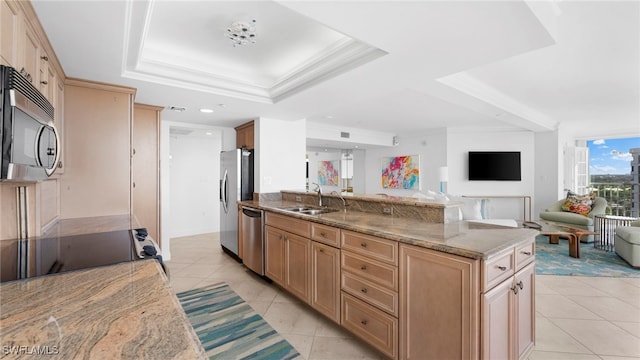 kitchen with sink, light tile patterned floors, a tray ceiling, light stone counters, and stainless steel appliances