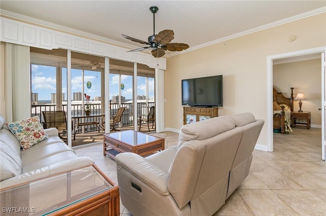 living room with light tile patterned floors, ceiling fan, and crown molding