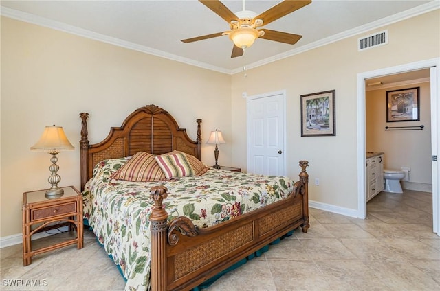 tiled bedroom with ceiling fan, ornamental molding, and ensuite bathroom