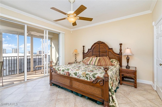 tiled bedroom with access to exterior, ceiling fan, and crown molding