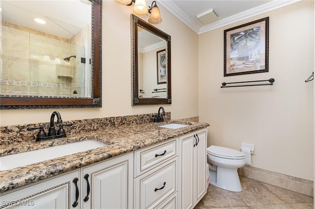 bathroom featuring tile patterned floors, walk in shower, ornamental molding, vanity, and toilet