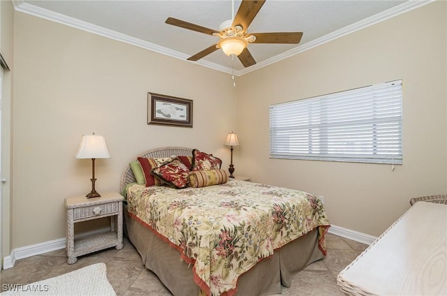 bedroom featuring ceiling fan, ornamental molding, and light tile patterned floors