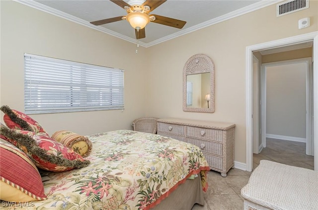 bedroom featuring ceiling fan, ornamental molding, and light tile patterned floors