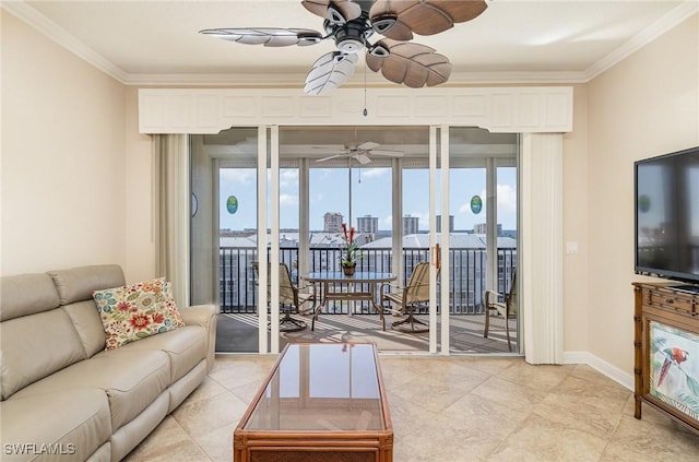 living room featuring ornamental molding and a wealth of natural light