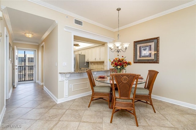 tiled dining space with ornamental molding and a chandelier