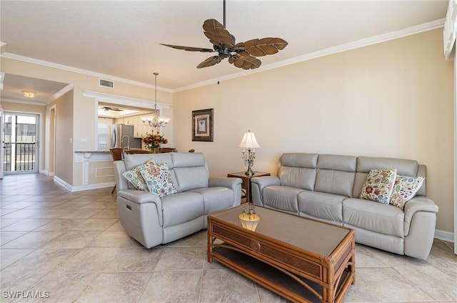 tiled living room with crown molding and ceiling fan with notable chandelier