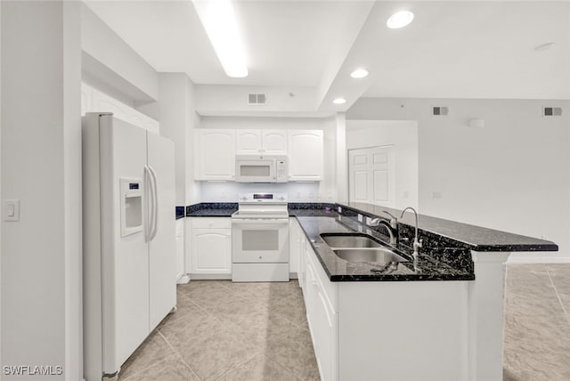 kitchen featuring kitchen peninsula, white cabinetry, white appliances, and sink