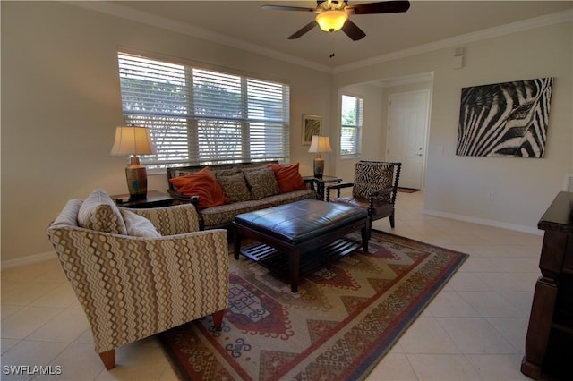 living room featuring light tile patterned floors, ceiling fan, and crown molding