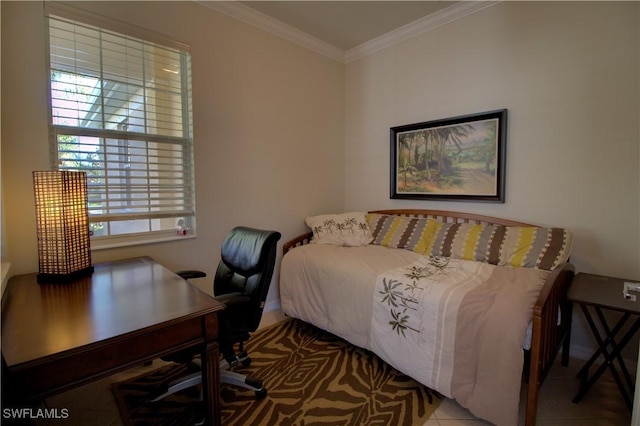 tiled bedroom featuring ornamental molding