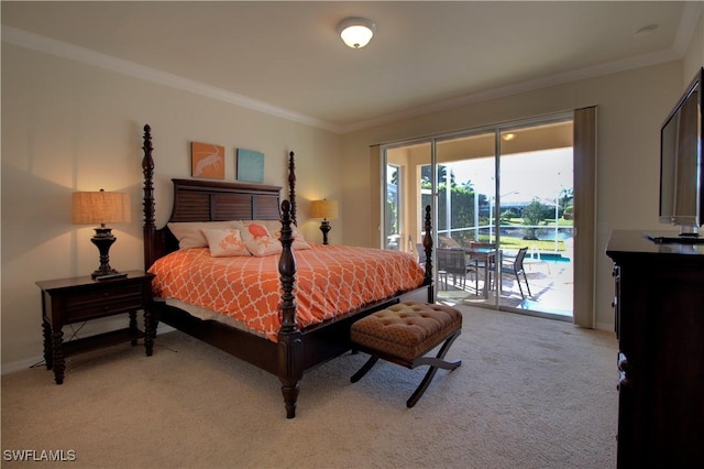 bedroom featuring access to exterior, light carpet, and ornamental molding