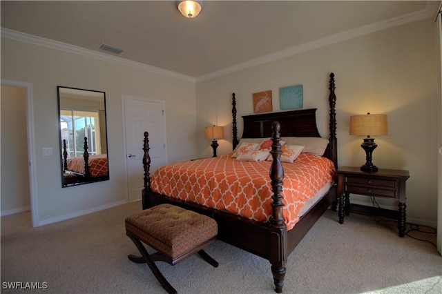 bedroom with light colored carpet and ornamental molding