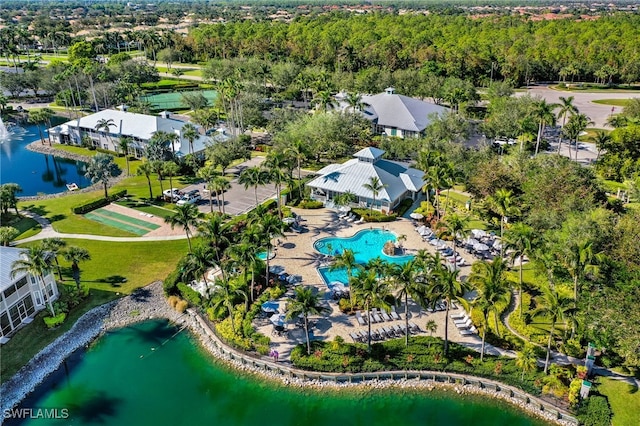 aerial view featuring a water view