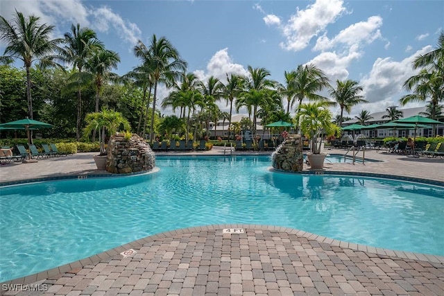 view of swimming pool with a patio