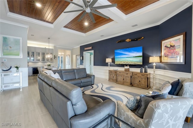 tiled living room featuring crown molding, ceiling fan, wooden ceiling, and coffered ceiling