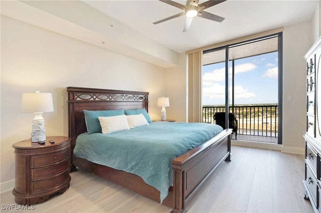 bedroom featuring access to exterior, ceiling fan, and light hardwood / wood-style flooring