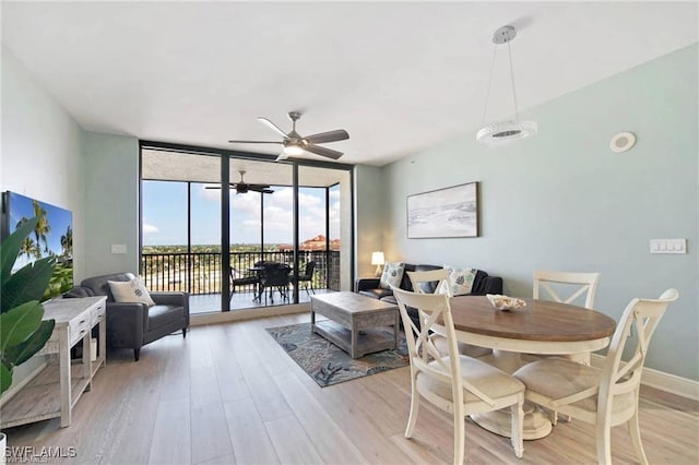 dining space with floor to ceiling windows, ceiling fan, and light hardwood / wood-style flooring