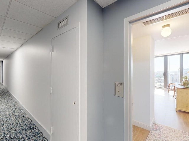 corridor featuring light hardwood / wood-style floors and a drop ceiling