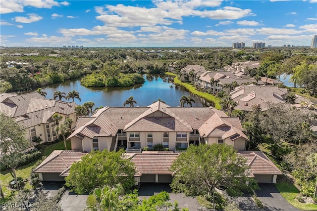 drone / aerial view featuring a water view