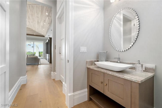 bathroom with hardwood / wood-style floors and vanity