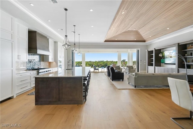 kitchen with premium range hood, a raised ceiling, an island with sink, light hardwood / wood-style floors, and white cabinetry