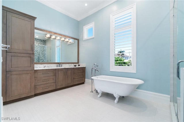 bathroom featuring vanity, crown molding, and independent shower and bath