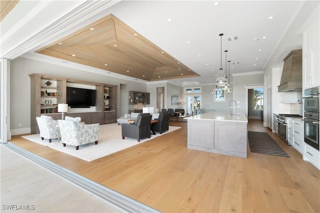 kitchen with a raised ceiling, pendant lighting, light hardwood / wood-style flooring, white cabinetry, and a large island