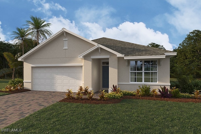 single story home featuring a front yard and a garage