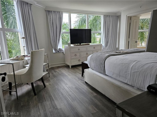 bedroom with dark hardwood / wood-style flooring, crown molding, and multiple windows