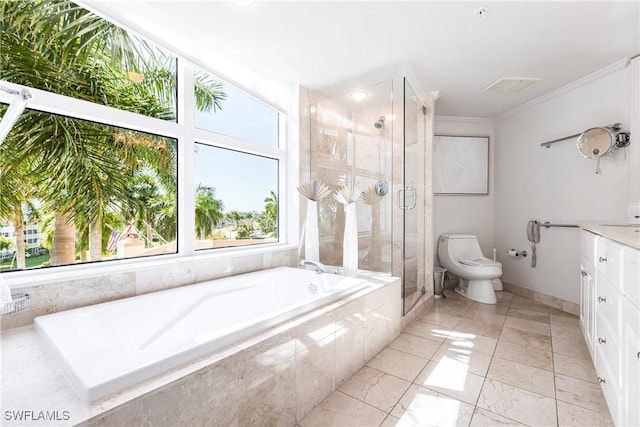 full bathroom featuring vanity, toilet, crown molding, and independent shower and bath