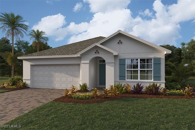 single story home with a garage, a front lawn, decorative driveway, and stucco siding