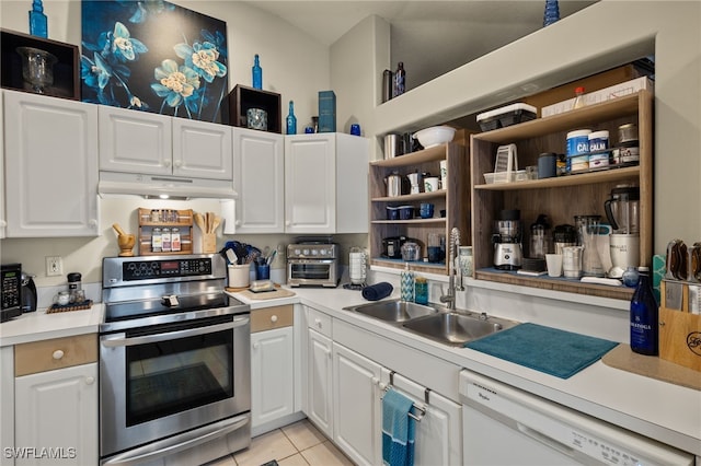 kitchen with white cabinets, white dishwasher, stainless steel electric range oven, and sink