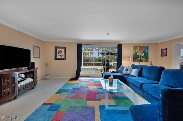 living room with ornamental molding, baseboards, and light tile patterned floors