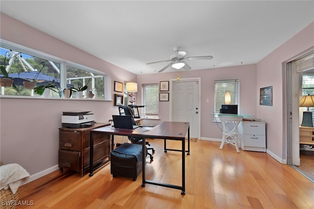 office featuring a ceiling fan, light wood-type flooring, and baseboards