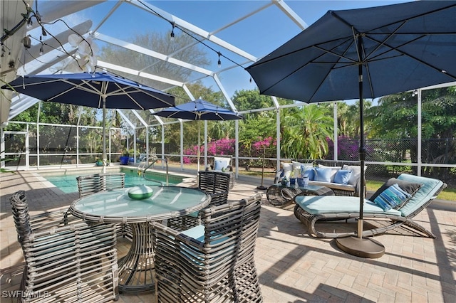 view of patio / terrace featuring an outdoor living space, glass enclosure, fence, and a fenced in pool