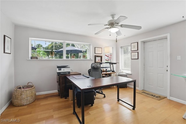 office with a ceiling fan, baseboards, and light wood-style floors
