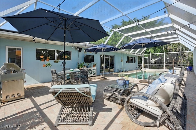 view of patio with an outdoor living space, an outdoor pool, and a lanai