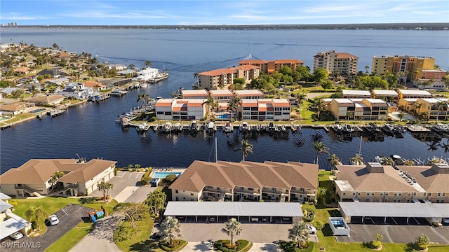 drone / aerial view featuring a water view