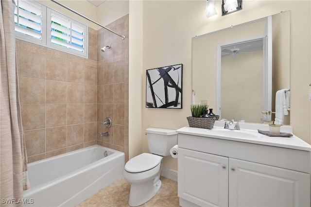 full bathroom featuring tile patterned floors, shower / bath combo, toilet, and vanity