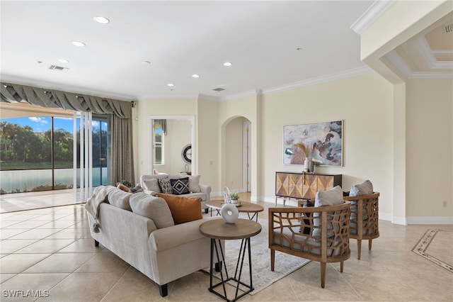 tiled living room with ornamental molding