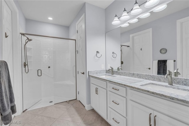 bathroom with tile patterned floors, vanity, and an enclosed shower