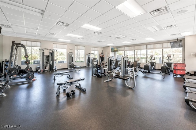 gym featuring a drop ceiling and a wealth of natural light