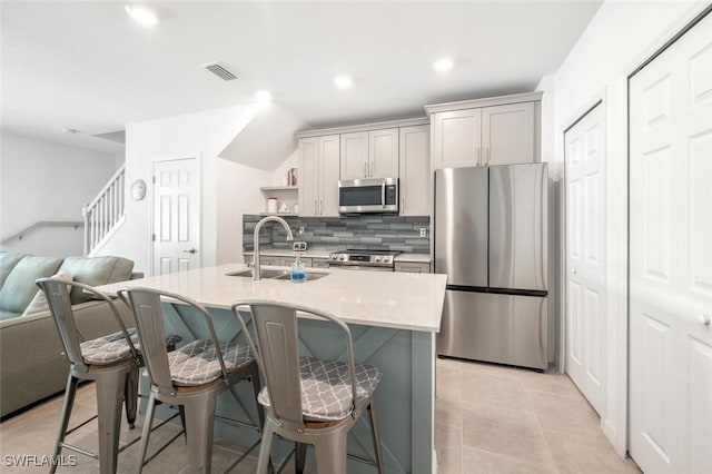 kitchen with backsplash, a center island with sink, a kitchen breakfast bar, sink, and appliances with stainless steel finishes