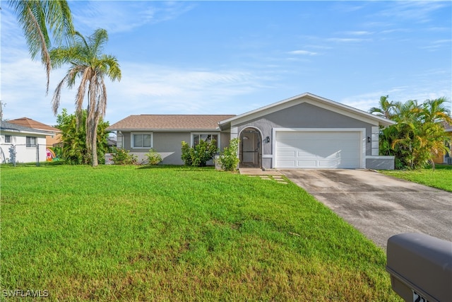 ranch-style house with a front yard and a garage