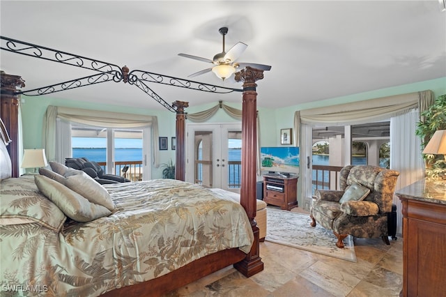 bedroom featuring ceiling fan, access to outside, and french doors