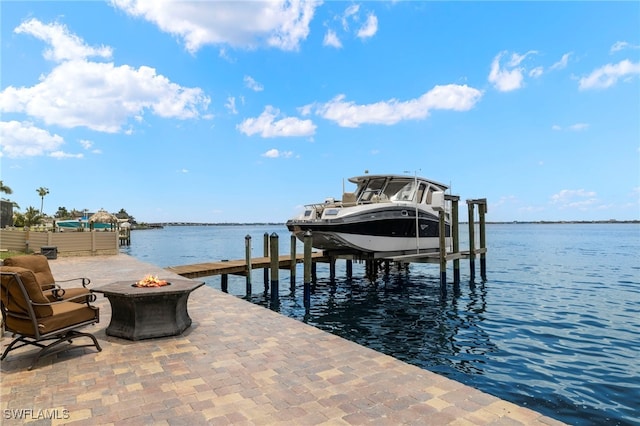 view of dock featuring a water view and a fire pit