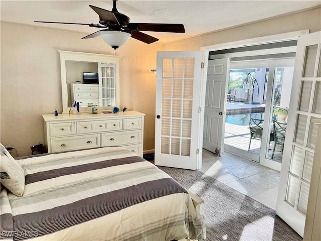 bedroom with access to outside, ceiling fan, and french doors