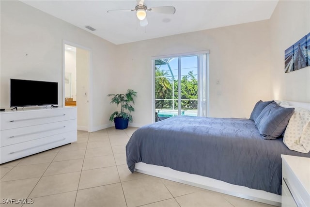 bedroom featuring light tile patterned floors, visible vents, baseboards, a ceiling fan, and access to outside