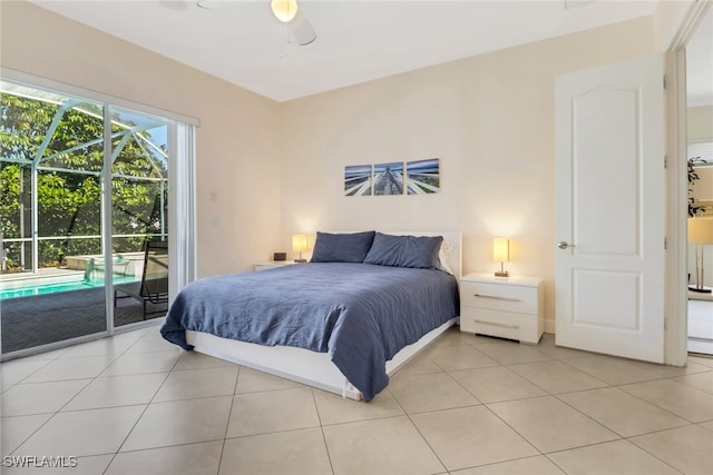 bedroom with a sunroom, access to outside, a ceiling fan, and light tile patterned flooring