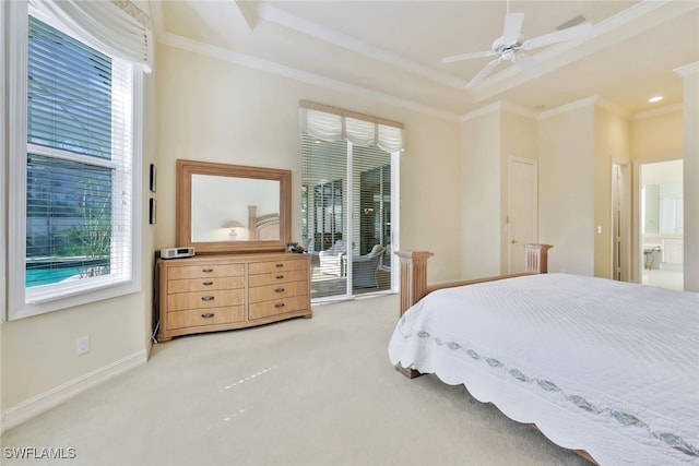 carpeted bedroom with ceiling fan, access to exterior, ornamental molding, and connected bathroom